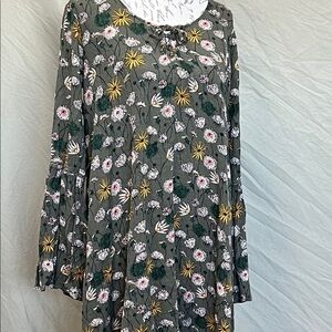 Mossimo long bell sleeve a-line mini dress olive daisies dandelions L